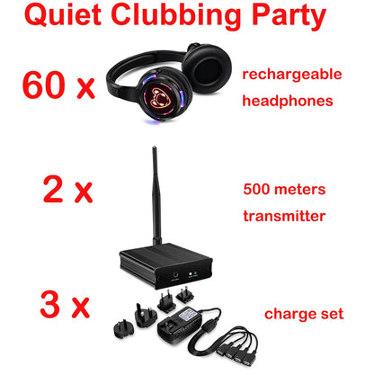 Silent Disco Complete System – Black LED Wireless Headphones Bundle with 5 Headsets & 1/2/3 Transmitters for Quiet Parties
