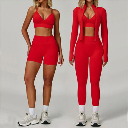 2/3PCS Women’s Seamless Yoga & Gym Set – Push-Up Sports Bra, Long Sleeve Jacket & Workout Leggings