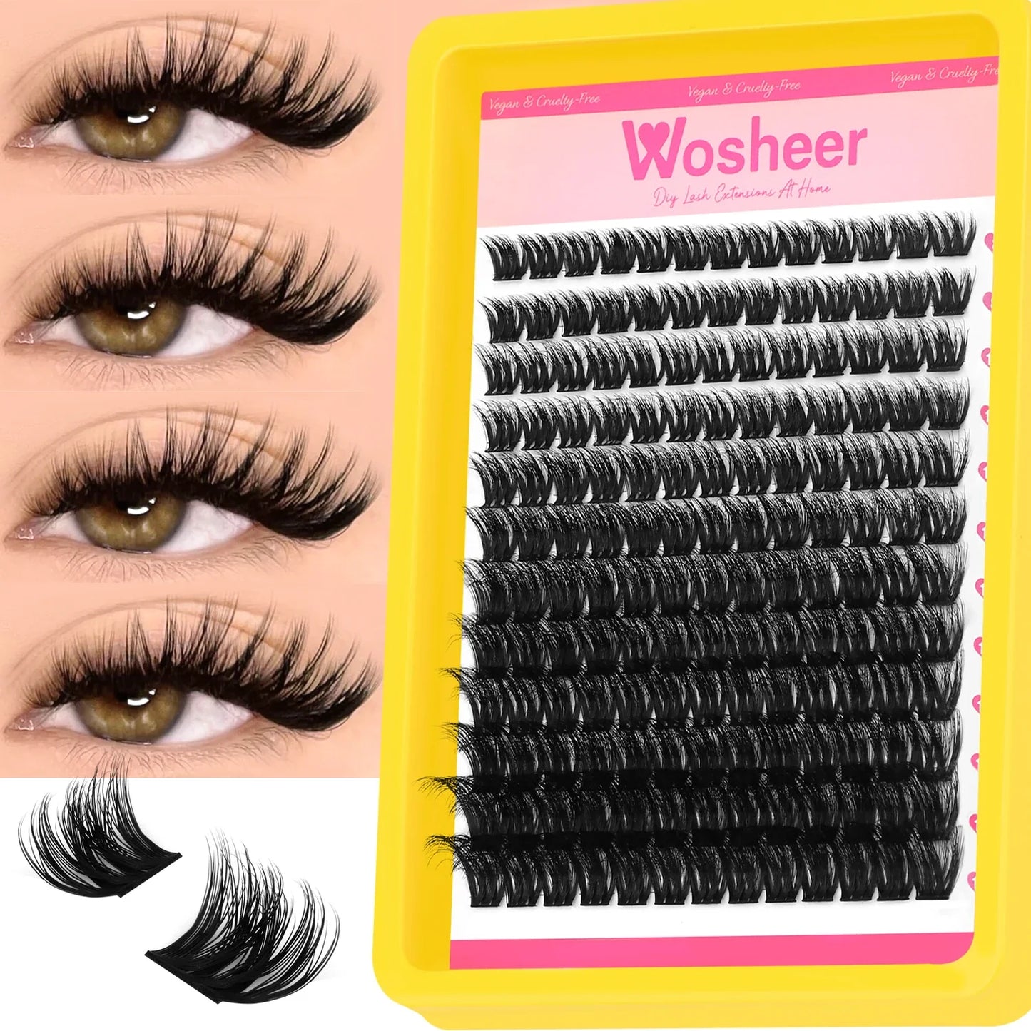 WOSHEER Lash Clusters Kit – Spiky Volume Individual Eyelash Extensions DIY Manga-Style Faux Mink Cluster Lashes