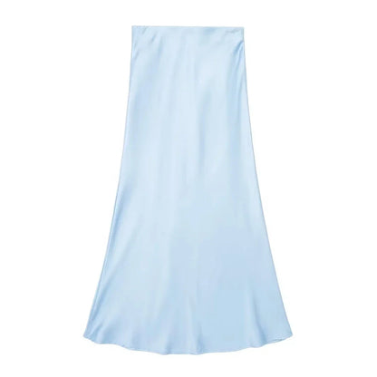 TRAFZA 2024 Y2K Women’s Long Skirt – Elastic High-Waist A-Line Satin Skirt for Spring Casual & High Street Fashion