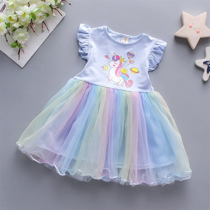 Cute Girls’ Summer Dress - Sleeveless Rainbow Mesh Love Print Casual Dress for 0–3 Years