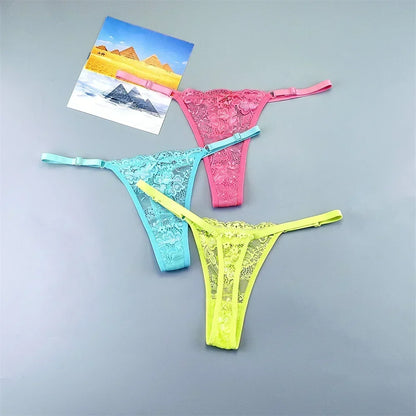 Women's Transparent Lace Thong Set - 3PCS Adjustable Low Waist Sexy T-Back Underwear