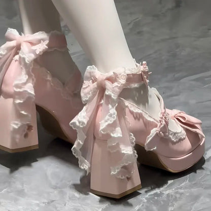 Lolita Butterfly Knot High Heels – Cute Platform Mary Jane Shoes for Girls, Students & Sakura Wedding Dress