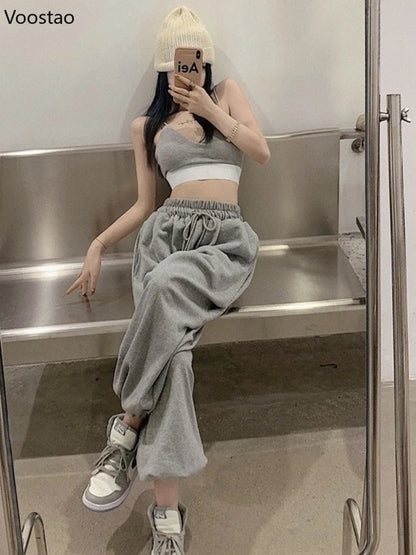 Women's White Wide Leg Jogger Sweatpants - Casual Fashion Sports Ankle-Length Trousers