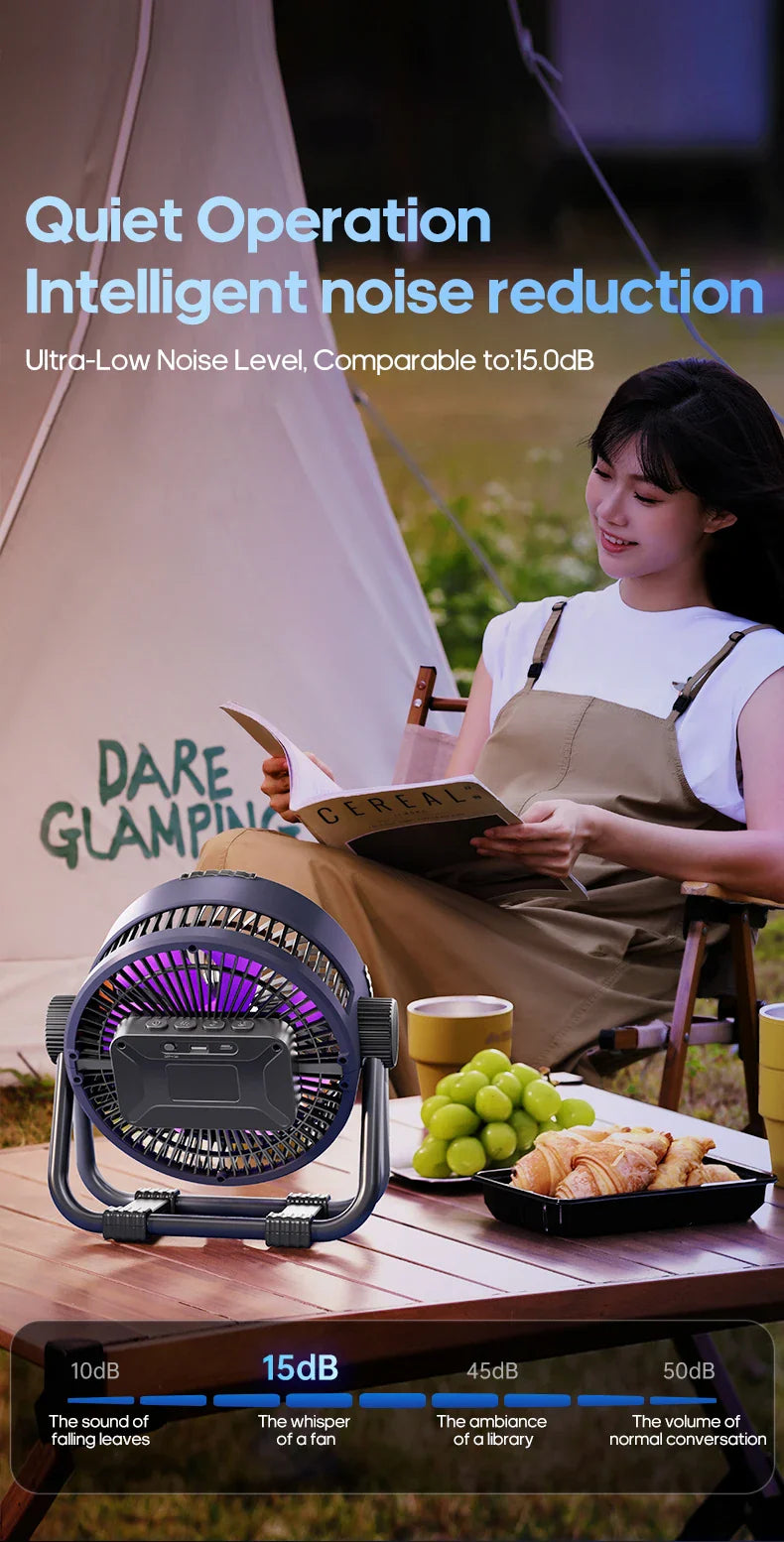 KINSCOTER 6-in-1 Portable Camping Fan — 20000mAh Rechargeable Outdoor Fan with 4 Speeds, Hook & LED Light
