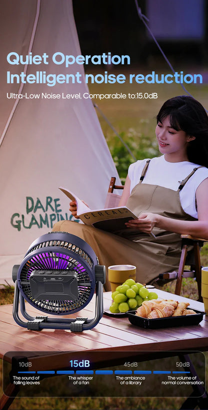 KINSCOTER 6-in-1 Portable Camping Fan — 20000mAh Rechargeable Outdoor Fan with 4 Speeds, Hook & LED Light