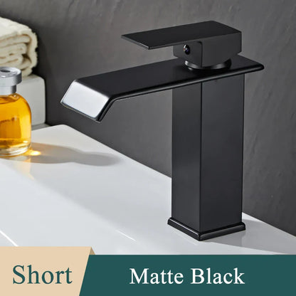 Bathroom Basin Sink Faucet - Deck Mount Waterfall Spout Tap with Single Handle, Hot & Cold Water Mixer for Vanity Washbasin