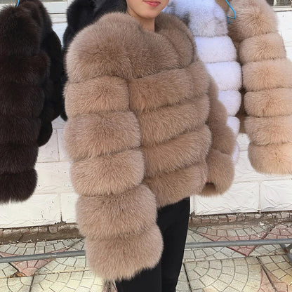 QUEENTINA Women’s Real Fox Fur Coat – Brown Leather & Skin Winter Fashion Outerwear 2025