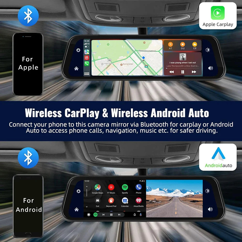 10" 4K Dash Cam Car DVR – 3840x2160P, CarPlay, Android Auto, GPS, 5G WiFi, AUX, Rearview Mirror Dash Camera, FM Recorder