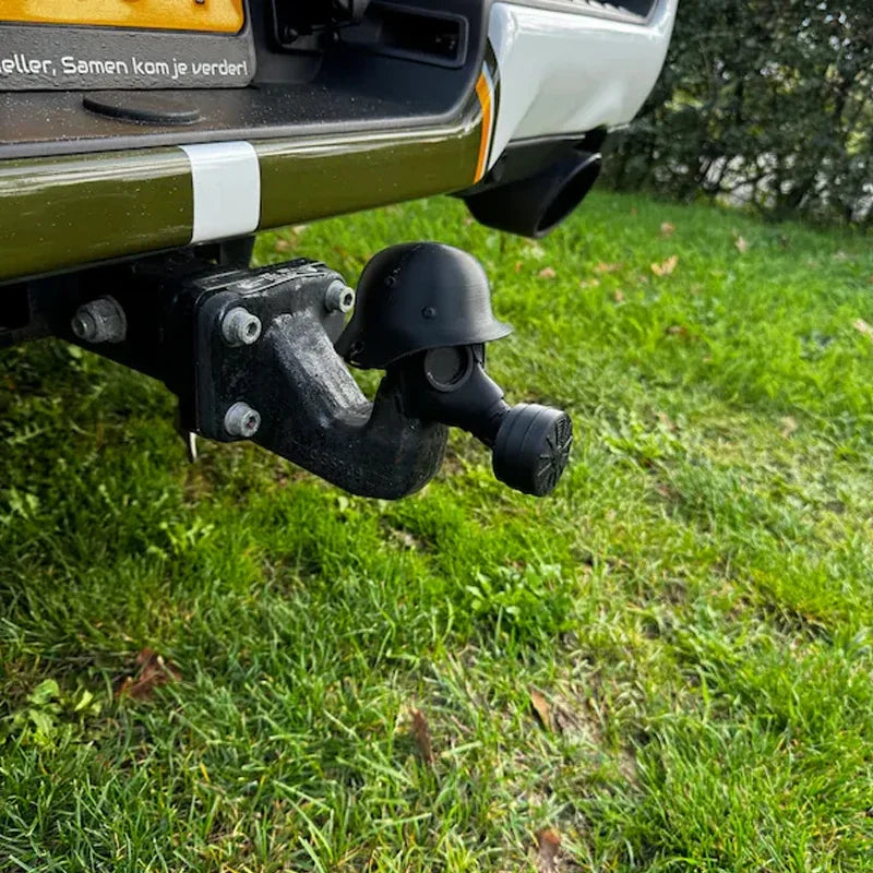 Steel Helmet Trailer Hitch Cover - Gas Mask Style Receiver Tube Protector for Rust Prevention