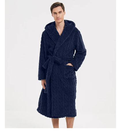 Men’s Fall & Winter Warm Hooded Robe – Thickened Cotton Velvet Jacquard Homewear for Couples