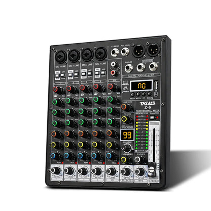 TKLBLS Professional 6 Channel Audio Mixer – 99 DSP Effects, 48V Phantom Power, USB, Bluetooth DJ Console for Studio & Karaoke