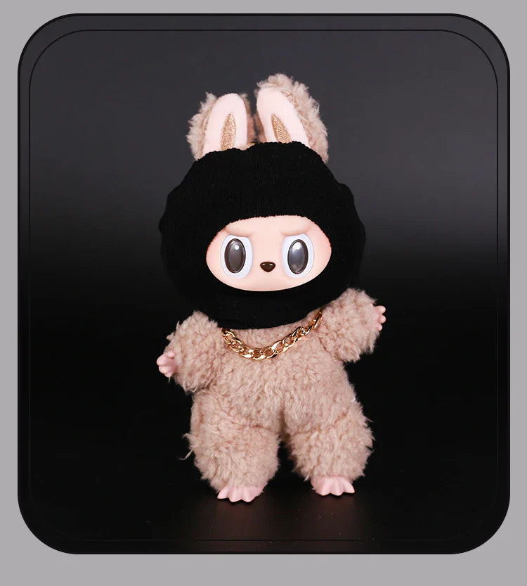 Labubu Doll Accessories – Trendy Black Knit Hat & Necklace Set, Cute and Funny Street Fashion Style