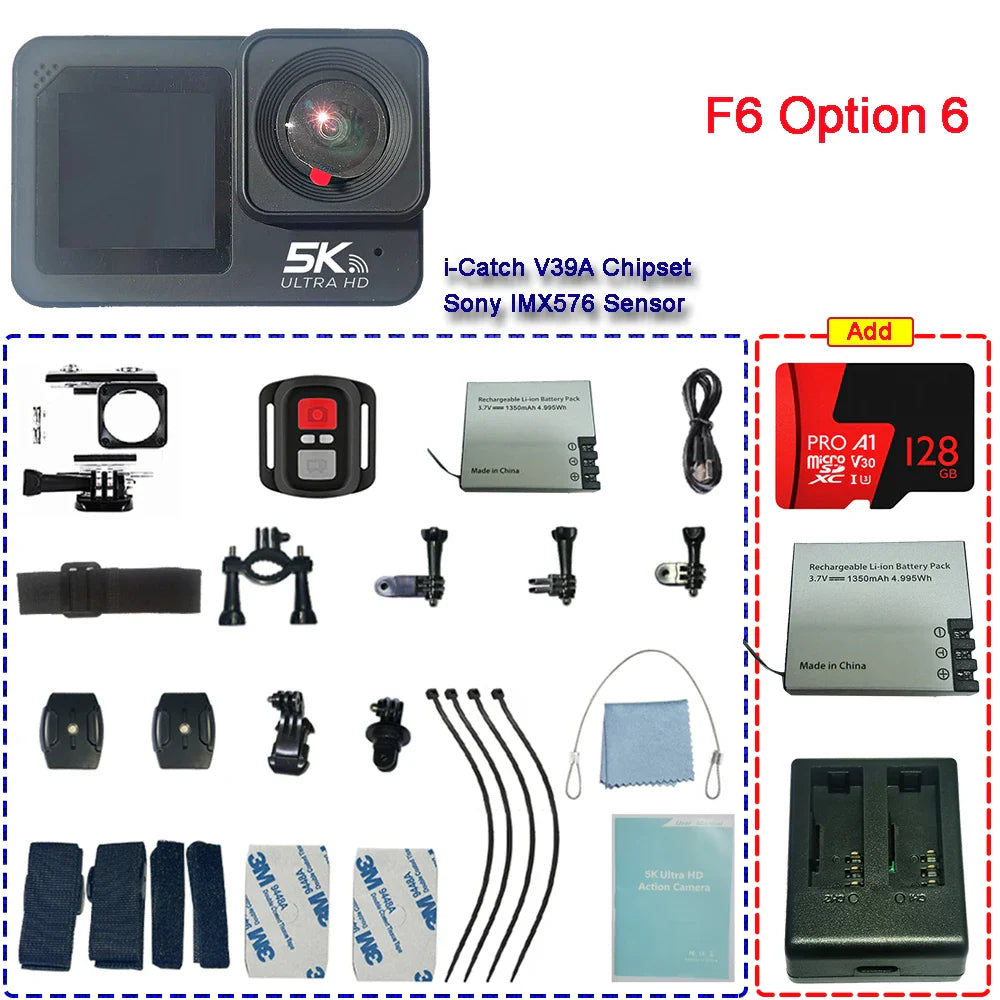 F6W Action Camera — 5K/4K60FPS, 48MP, 2.2" Touch LCD, EIS, Dual Screen, Wi-Fi, 170° Waterproof 30M, 8X Zoom Sports Camera with Wireless Mic