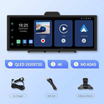 Imagebon 11.4″ H70 Pro 4K QLED Dash Cam - Wireless CarPlay & Android Auto, Dual Recording, Night Vision Car DVR