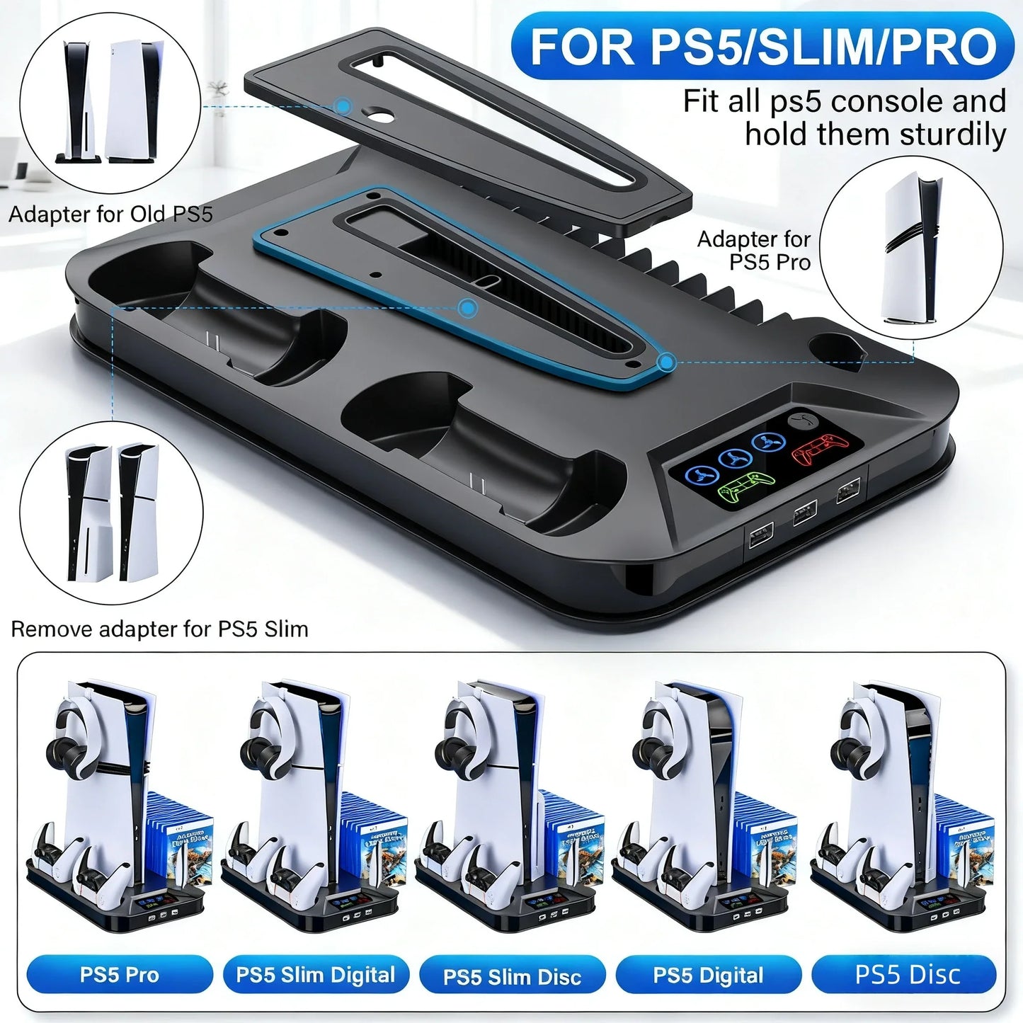 PS5 Console Cooling Station with Dual Controller Charger — Compatible with PS5, PS4, Slim & Pro | Built-in Fan & Charging Dock