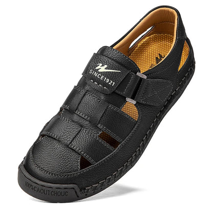 Men's Wide Toe Leather Sandals - Breathable Hollow Out Closed Toe Roman Casual Shoes Plus Size