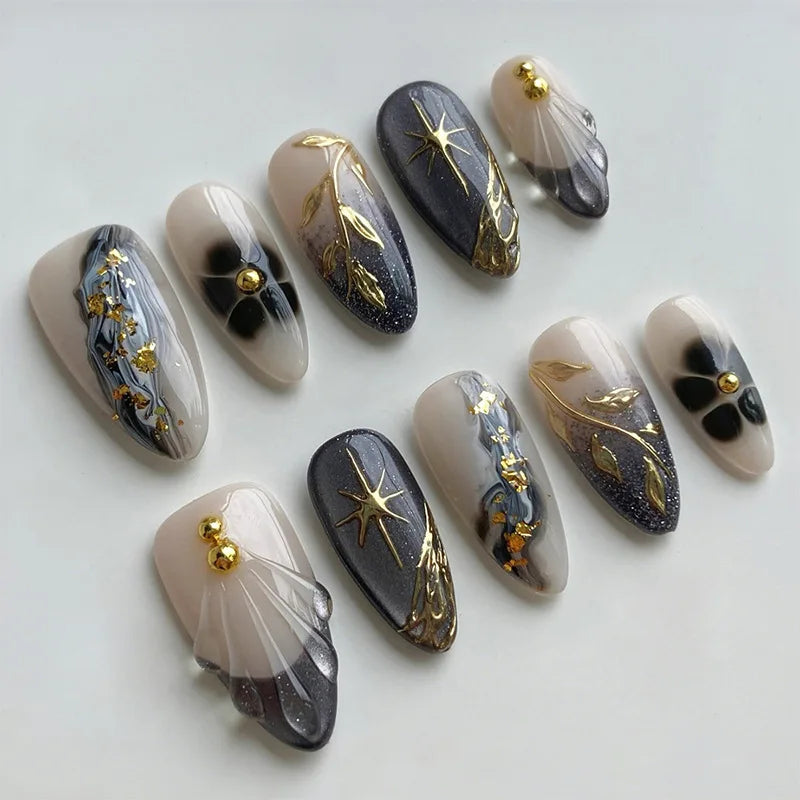 24PCS Strawberry Bow Press On Nails - Red Short Almond Pearl Starlight Floral False Nail Art Tips