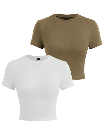 Y2K Women’s Solid Cotton Crop Top – Short Sleeve, High-Elastic O-Neck T-Shirt for Summer Streetwear & Sporty Fashion
