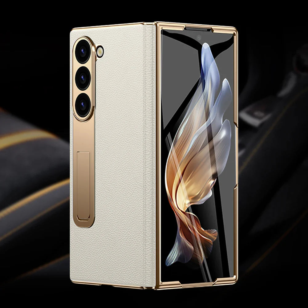 LANGSIDI Leather Case for Samsung Galaxy Z Fold 6/5/4/3 – Gold Plated Magnetic Hinge Cover with Mirror Film & Stand