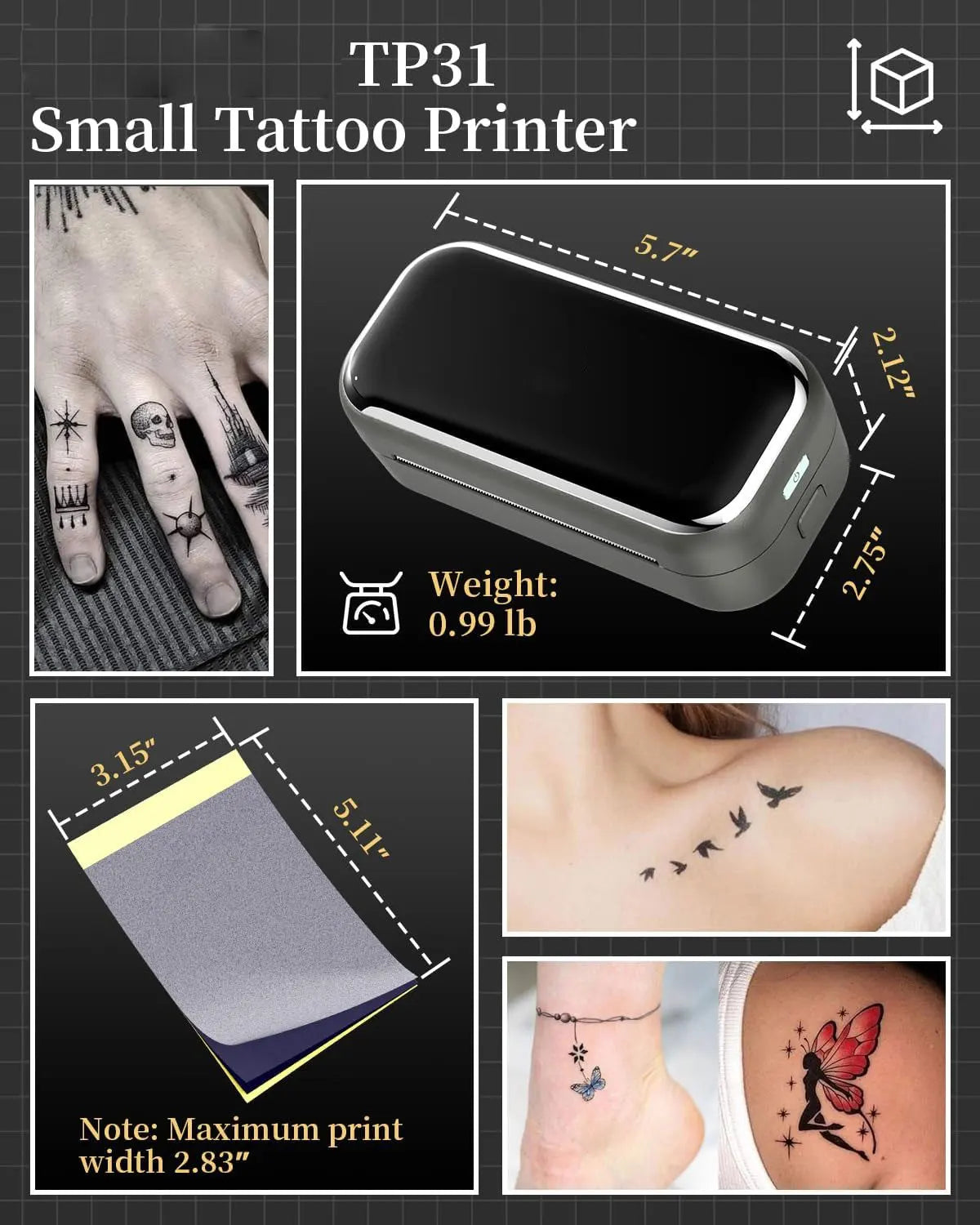 TP31 Thermal Tattoo Stencil Printer – Wireless Bluetooth Mini Portable Printer with Transfer Paper for Tattoo Artists