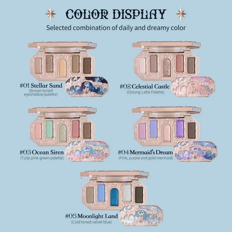 Flower Knows Moonlight Mermaid Eyeshadow Palette – 5-Color Matte, Shimmer & Glitter Waterproof Eye Shadow