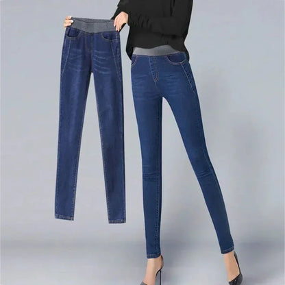 Women's Winter Velvet Stretch Jeans - High Waist Warm Skinny Mom Denim Trousers