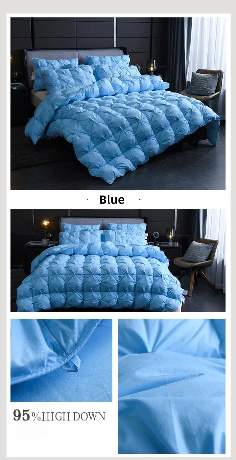 White Goose Down Comforter – Thick Winter 3D Bread Blanket with Luxury Pinch Pleat for Single & Double Beds