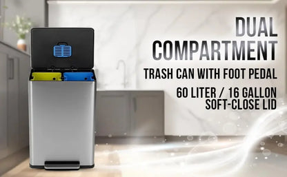 60L / 16G Dual Compartment Kitchen Trash Can – Hands-Free Step Bin with Soft-Close Lid