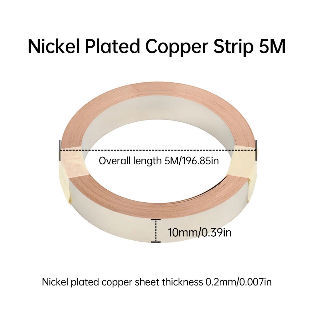5M T2 Pure Copper & Nickel Strip — 0.15mm/0.2mm Nickel-Plated Copper Belt for 18650, 26650, 21700 Lithium Battery Pack Spot Welding
