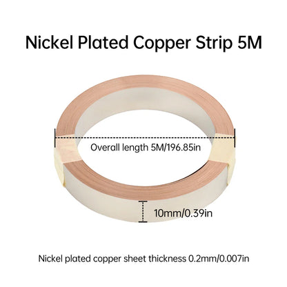 5M T2 Pure Copper & Nickel Strip — 0.15mm/0.2mm Nickel-Plated Copper Belt for 18650, 26650, 21700 Lithium Battery Pack Spot Welding
