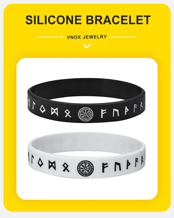 Vnox 12mm Silicone Bracelet for Men - Soft Rubber Viking Compass Rune Amulet Wristband Set