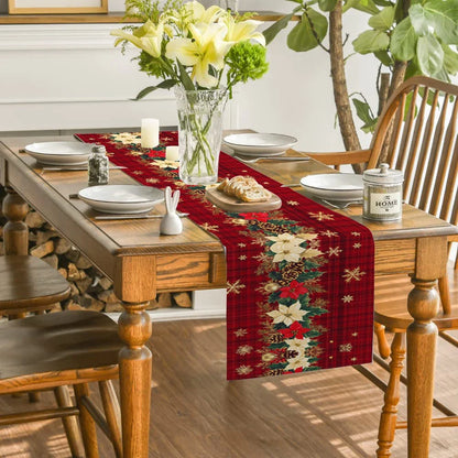 Christmas Poinsettia Table Runner - Holly Snowflake Holiday Dining Decor for Kitchen, Coffee Table & Party Settings