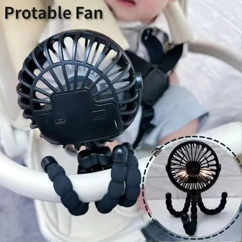 Mini Octopus Stroller Fan – Handheld USB Charging Bladeless Fan, Small Folding Silent Fan for Table, Outdoor, and Baby Use