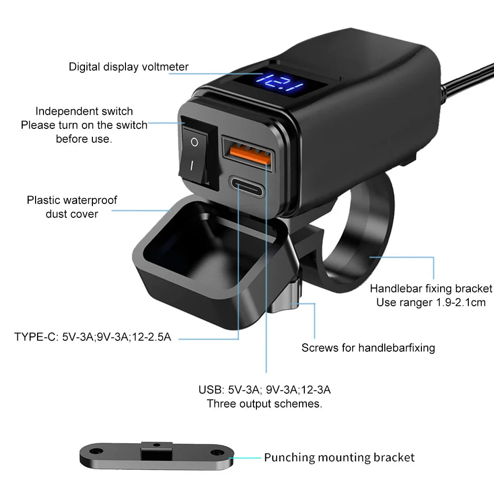 PD QC3.0 Motorcycle USB Fast Charger — 60W Dual USB Handlebar Socket with Switch & Voltmeter, Waterproof 12V Power Adapter