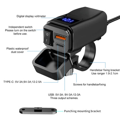 PD QC3.0 Motorcycle USB Fast Charger — 60W Dual USB Handlebar Socket with Switch & Voltmeter, Waterproof 12V Power Adapter