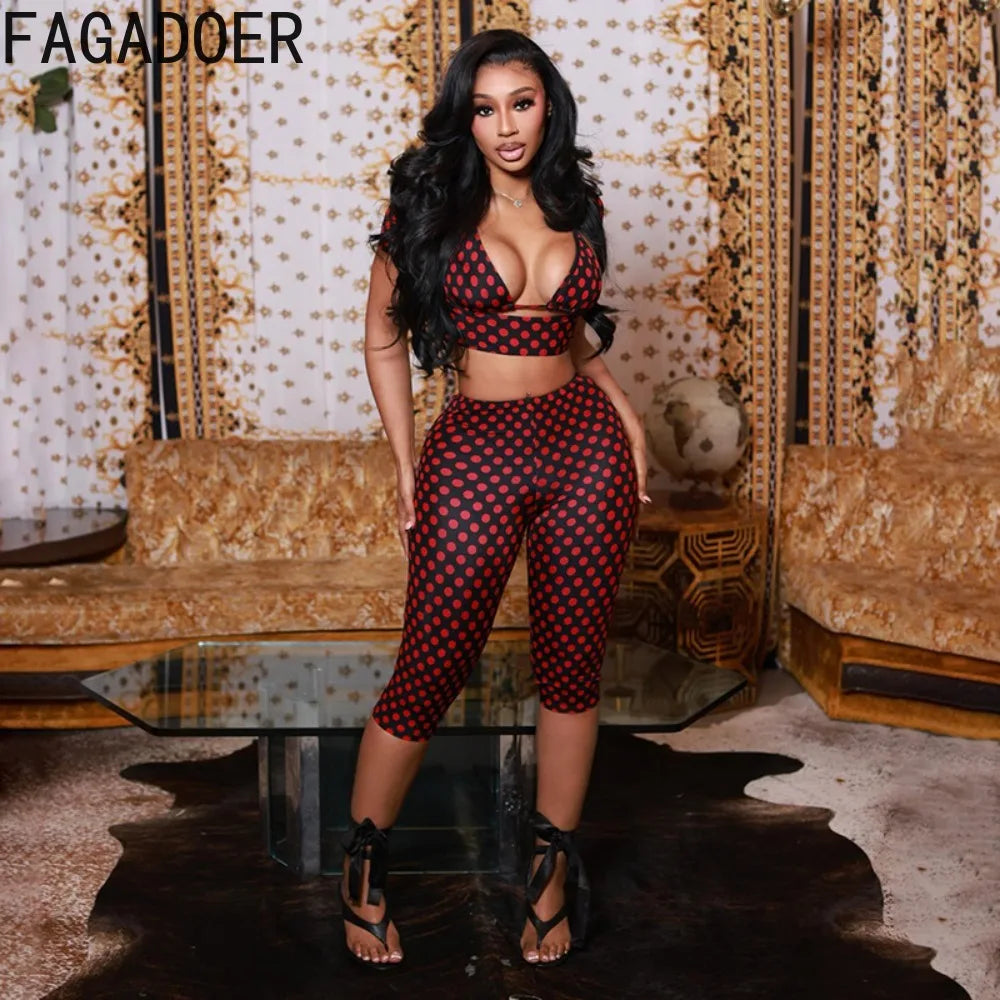 FAGADOER 3-Piece Polka Dot Women’s Outfit Set – Sexy Patchwork Crop Top, Short Sleeve Tee & Pants Streetwear Matching Fashion Set