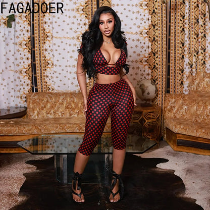FAGADOER 3-Piece Polka Dot Women’s Outfit Set – Sexy Patchwork Crop Top, Short Sleeve Tee & Pants Streetwear Matching Fashion Set