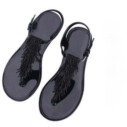 Women's Black Crystal PVC Flip-Flop Sandals – Low Heel Summer 2024 Luxury Footwear