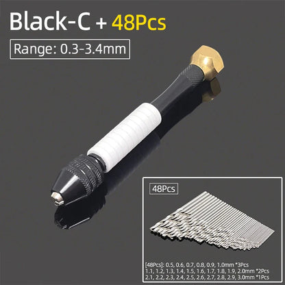 Mini Aluminum Hand Drill 0.3–3.4mm – Keyless Chuck Micro Rotary Tool with HSS Twist Drill Bit Set for Wood & DIY Crafts