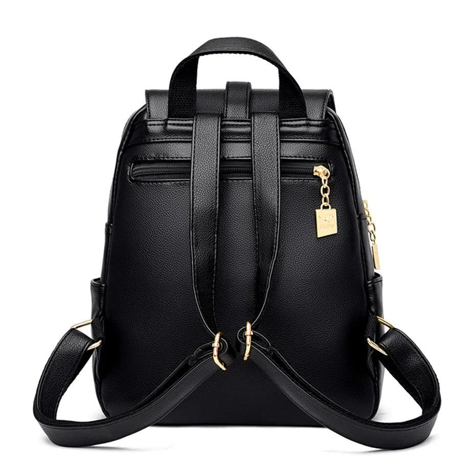 Luxury Leather Backpack for Women - Vintage Black Daypack, Casual School Bag for Girls, Mochila Rucksack Style