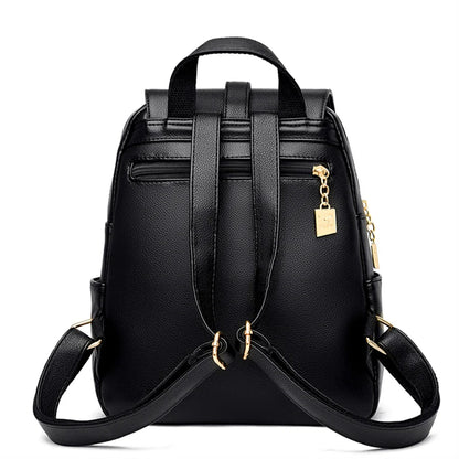 Luxury Leather Backpack for Women - Vintage Black Daypack, Casual School Bag for Girls, Mochila Rucksack Style