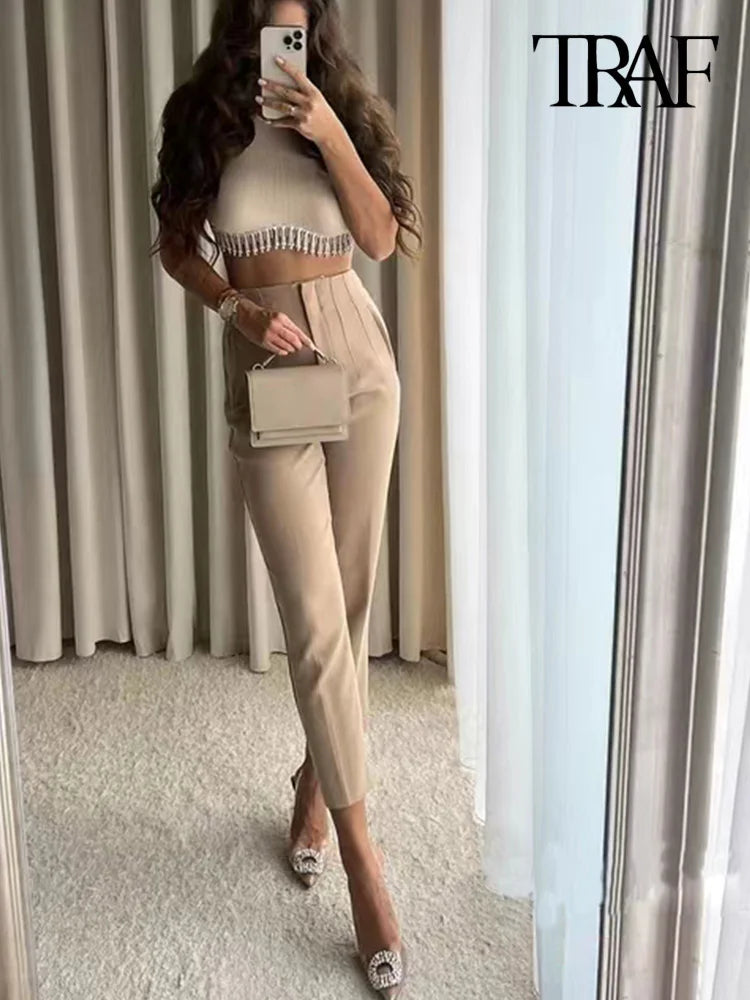 TRAF Women's Fashion Pants with Pockets: Casual Solid Ankle Trousers, Vintage High Waist Zipper Fly - Pantalones Mujer