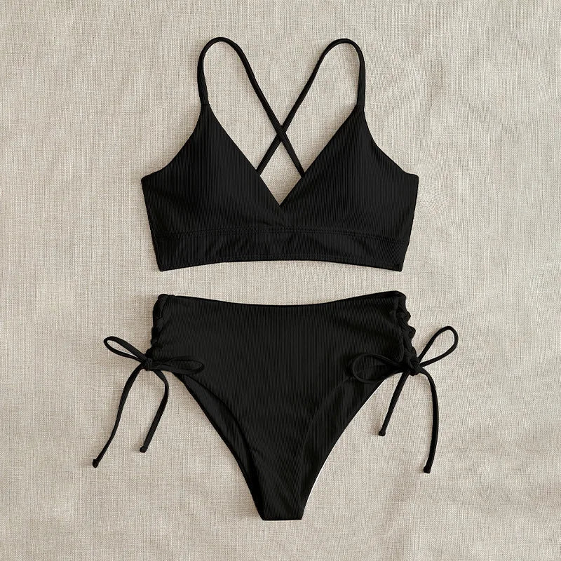 Cikini V-Neck Split Bikini Set – Sexy Lace-Up Triangular Solid Color Swimwear for Women