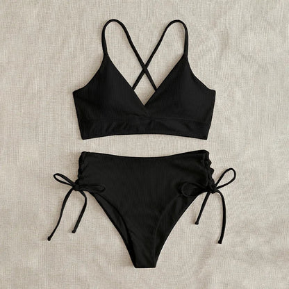 Cikini V-Neck Split Bikini Set – Sexy Lace-Up Triangular Solid Color Swimwear for Women
