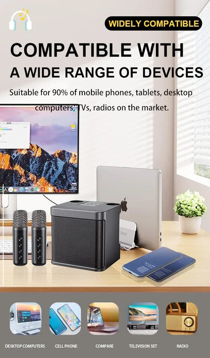 Portable Karaoke Machine with 2 Wireless Microphones — Boombox Player with AUX, TF Card, U Disk & Voice Changer for Parties