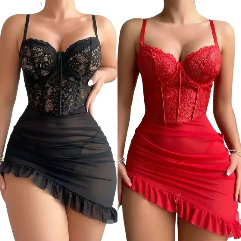 Transparent Underwire Bra & Lingerie Set — Sexy See-Through Lace Nightdress Pajamas for Women