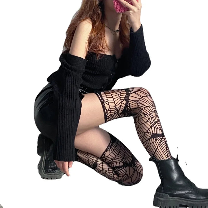 Women’s Gothic Bat Fishnet Stockings - Harajuku Emo Mesh Thigh High Tights with Sexy Alternative Lingerie Style