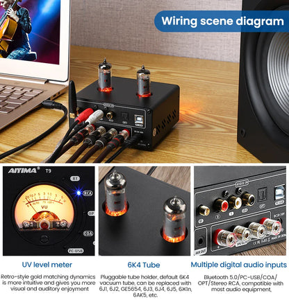 AIYIMA Audio T9 HiFi Bluetooth 5.0 Vacuum Tube Amplifier – USB DAC, COAX, OPT, VU Meter Stereo Amplifier for Speakers