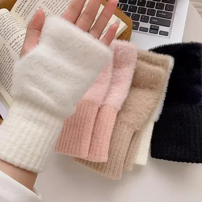 Stay Cozy in Luxury: Women's Mink Fleece Half Finger Gloves - Soft Winter Warmth in Solid White, Plush Knitted Fingerless Design for Comfort